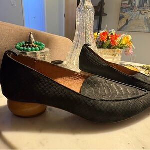 Jeffrey Campbell Black Textured Loafers with Wooden Heel